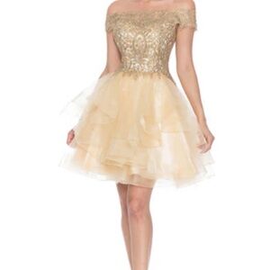 Elegant Gold Off-Shoulder Dress (c)